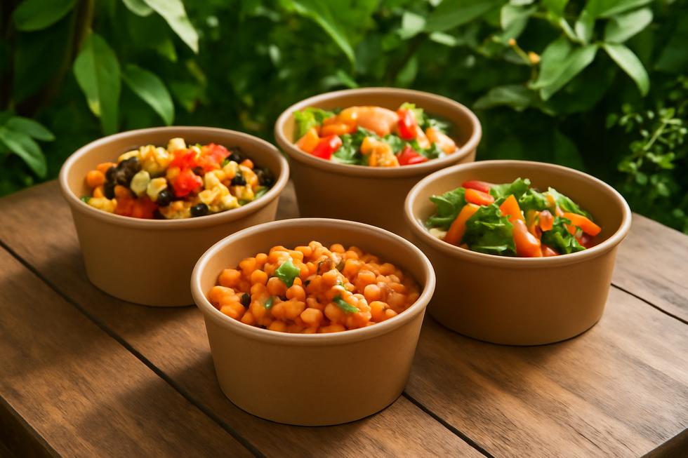 A collection of 360ml paper bowls with diverse food options, highlighting their functions.