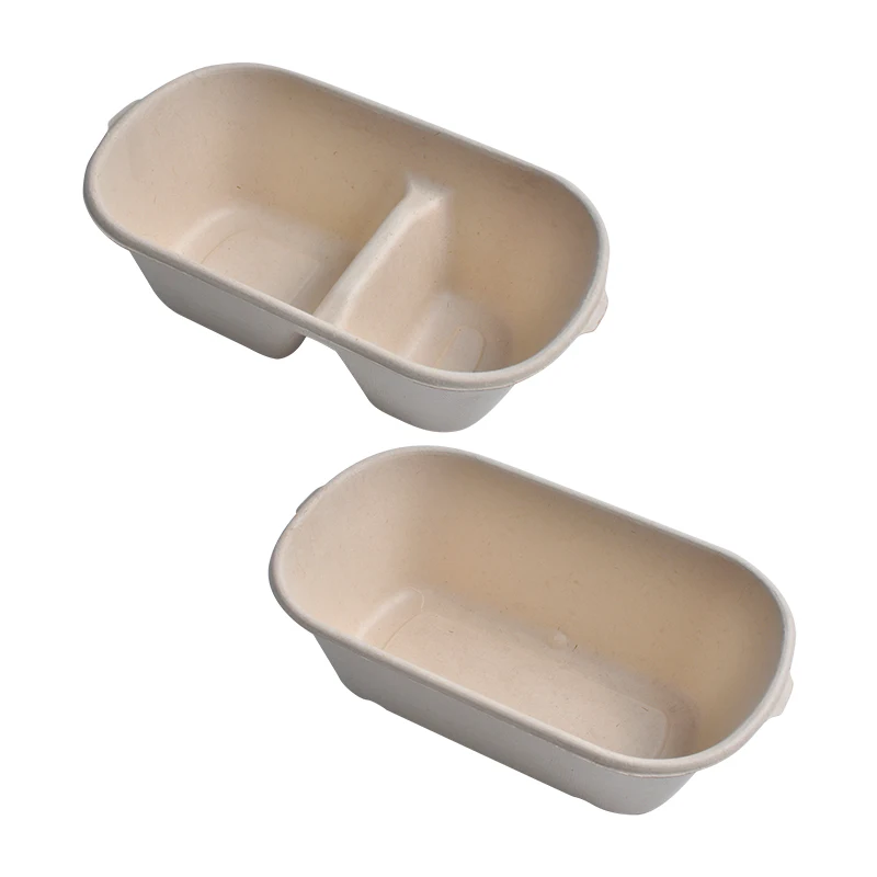 850ml 2cells Pulp Food Container with Lids. Disposable Container Bulk Leakproof and Microwave Safe for Hot/Cold Use