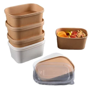 750 ml Disposable Takeaway Rectangle Salad Noodle Bowl Kraft Paper Food Packing Bowl for Restaurant