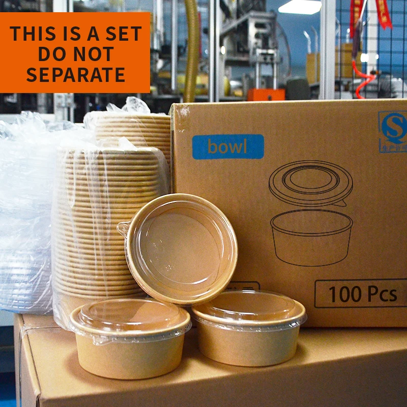 Disposable Containers Take Away Food Packaging Kraft Paper Salad Bowl with PET Lid Kraft Paper Bowl 100 Sets - Image 6