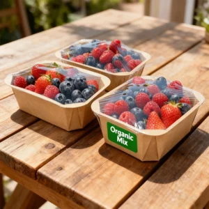 Biodegradable Kraft Paper Box Food Grade Eco Packaging for Supply Transport Kraft Paper Fruit Trays with Cling Film Seal