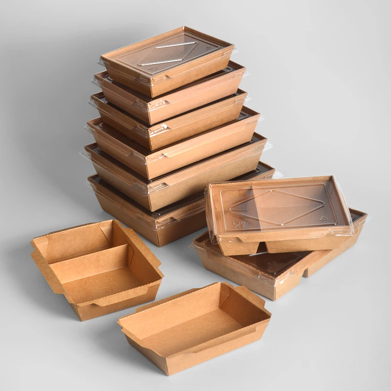 Disposable Recycle Kraft Paper Food Lunch Packaging Box With Compartment Anti-fog PET Lid - Image 4