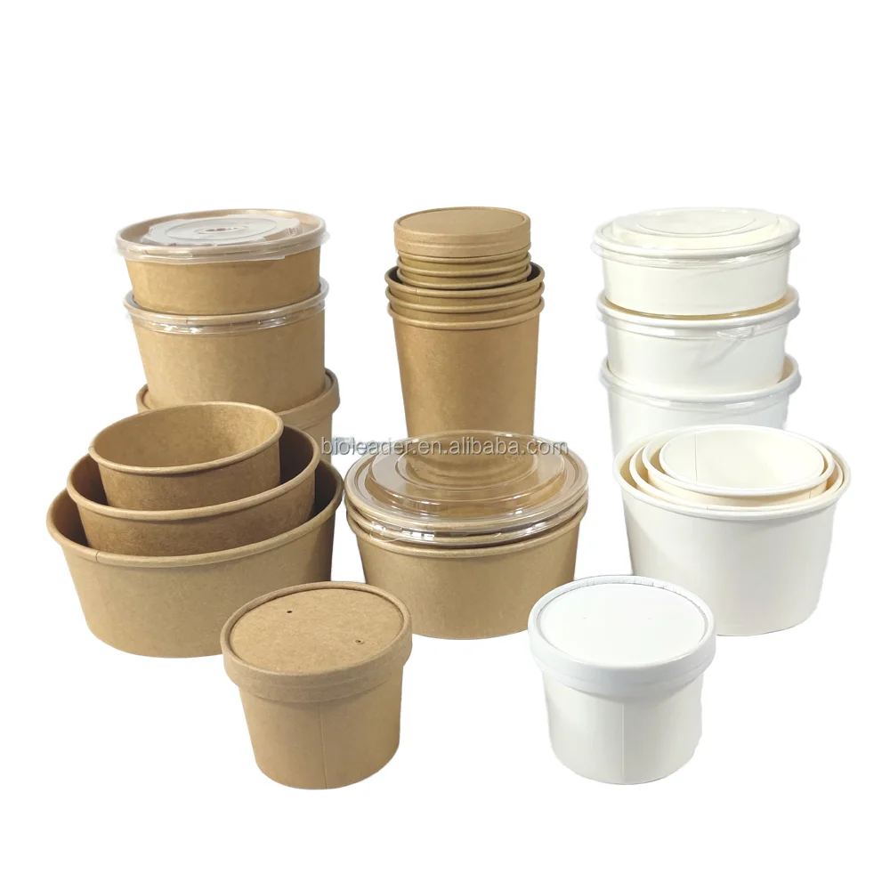 500ml 750ml Round Shape Kraft Salad Paper Bowl With PET Lid and Paper Lid Lunch Box Pe Coated Microwaveable Square Bowl - Image 2