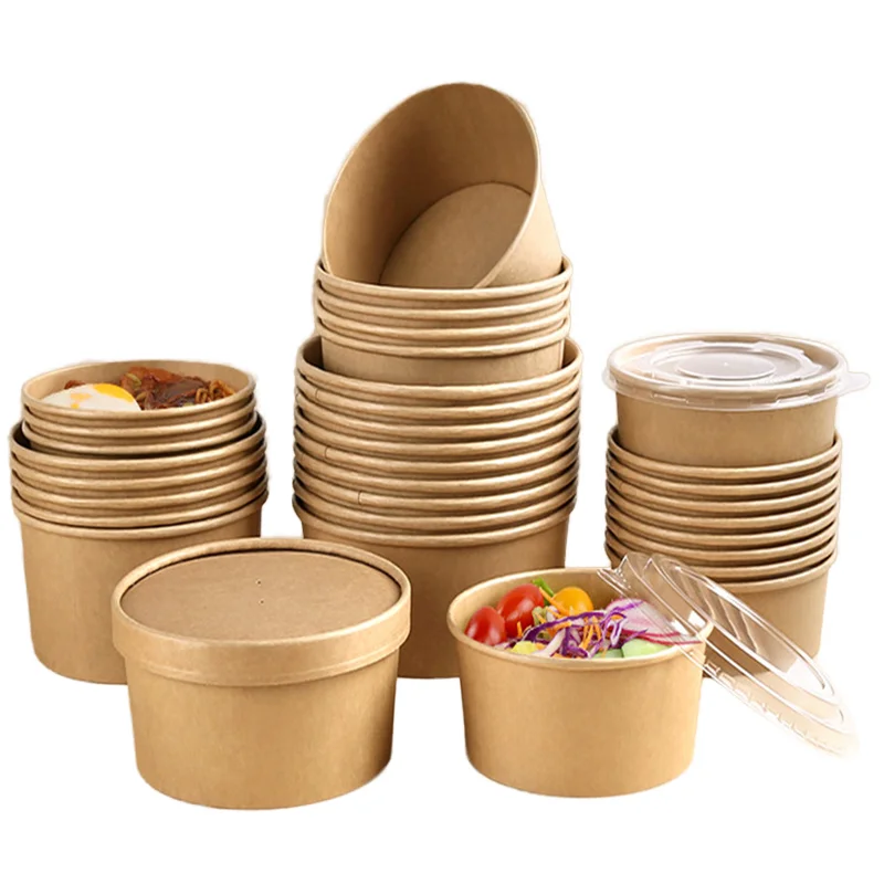 500ml 750ml Round Shape Kraft Salad Paper Bowl With PET Lid and Paper Lid Lunch Box Pe Coated Microwaveable Square Bowl