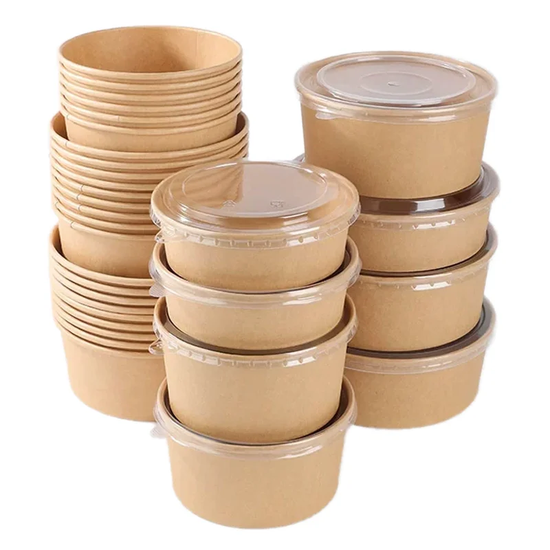 500ml 750ml Round Shape Kraft Salad Paper Bowl With PET Lid and Paper Lid Lunch Box Pe Coated Microwaveable Square Bowl - Image 6