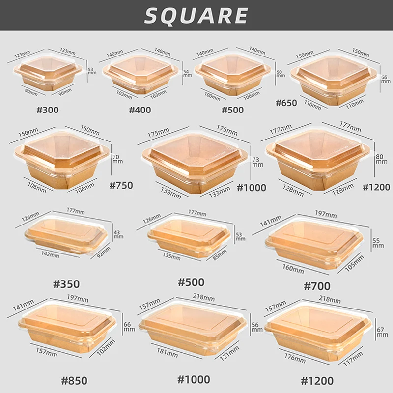 300ml 750ml 1000ml Lunch Paper Box Food Containers Soup Bowls Leakproof Square Kraft Paper Salad Bowl With Lids - Image 5