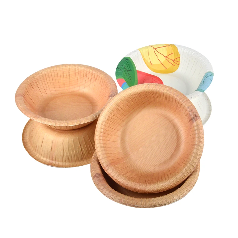 Eco Friendly Custom Food Container Packaging Wrinkled Wholesale BBQ Tableware Paper Salad Bowls Wood Grain Paper Bowl - Image 3