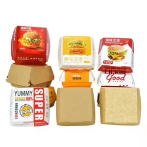 Eco-friendly Recyclable Disposable Food Grade Kraft Cardboard Hamburger Box with Glossy Lamination and Embossing