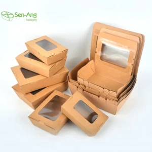 Eco-friendly Disposable Snack Cookie Fried Chicken Rectangle Take Way Lid 700Ml Brown Matt Lamination