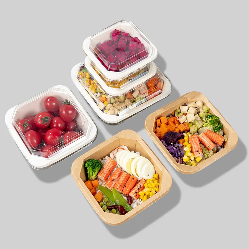 300ml 750ml 1000ml Lunch Paper Box Food Containers Soup Bowls Leakproof Square Kraft Paper Salad Bowl With Lids