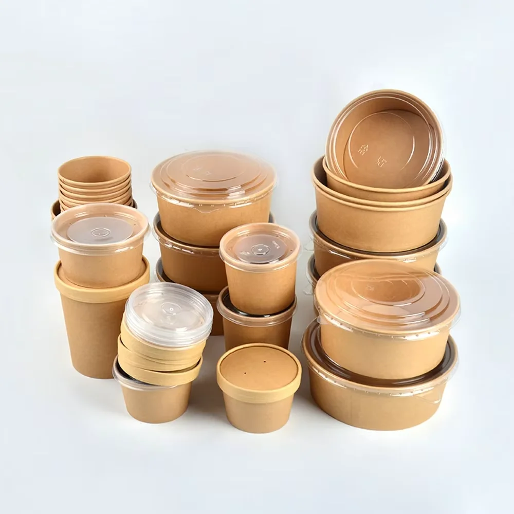 Good Quality Soup Disposable Container Double Wall Pe Coating 20Oz Multi Size Round Kraft Paper Bucket