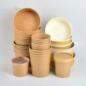 Commercial Disposable Container 8Oz Soup With Lid Multi Size Round Kraft Paper Bucket