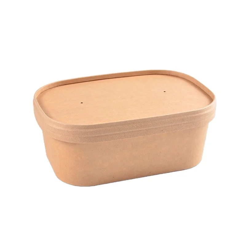 Disposable Takeaway Rectangle Salad Noodle Bowl Kraft Paper Food Packing Bowl for Restaurant