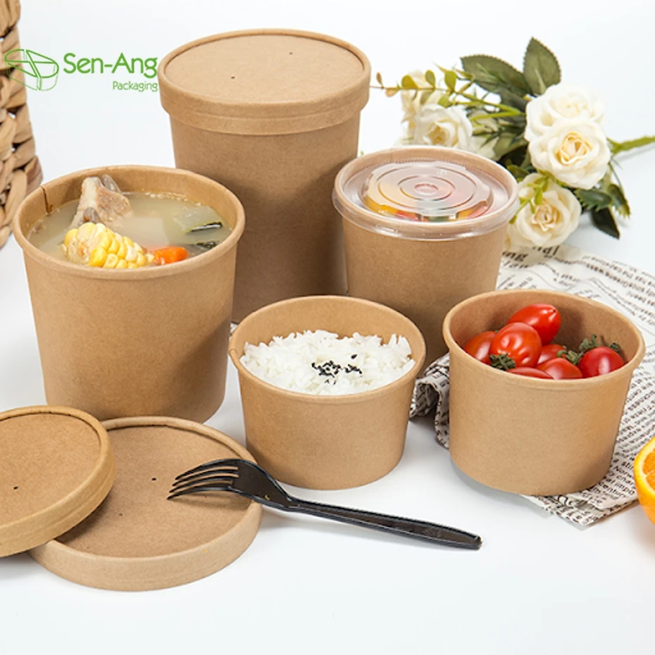 New Arrival Packaging Packing Takeout Bowl Take Way Kraft Salad Away Pack Cup Lid Square Paper Soup Bucket - Image 4