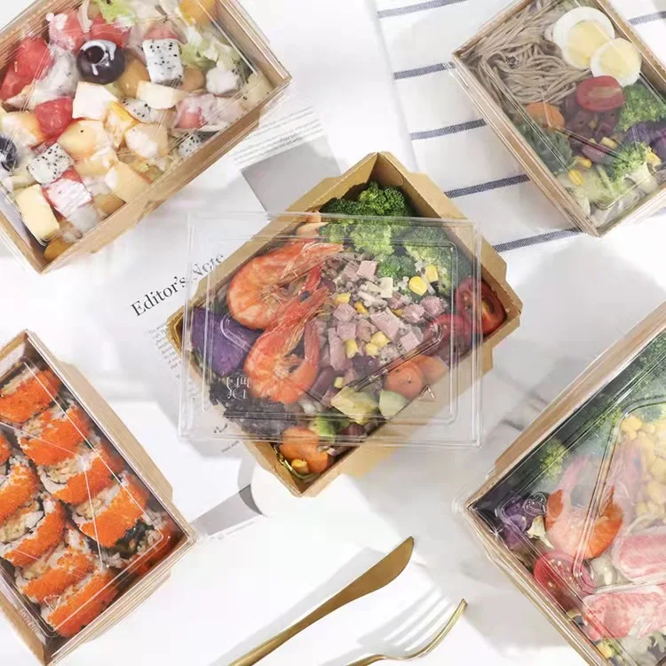 Wholesale Restaurant Take Away Food Bowl Disposable Kraft Paper Square Bottom Salad Bowl Lunch Box With Lid - Image 4