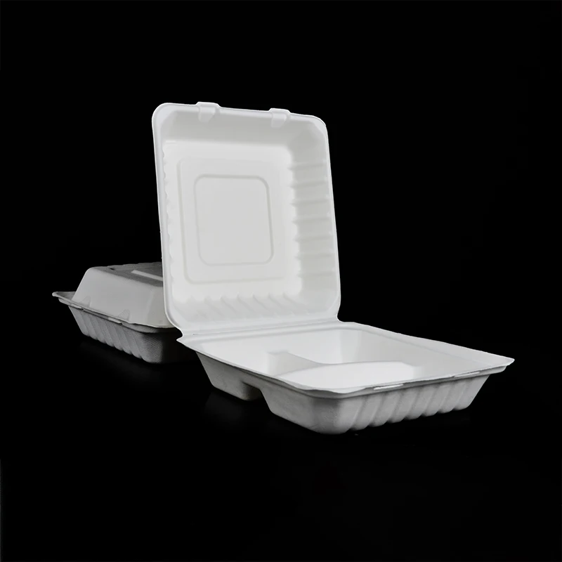 Eco 8*8 INCH Compostable Sugarcane Bagasse Pulp Lunch Box Biodegradable Fast Food Clamshell - Image 4