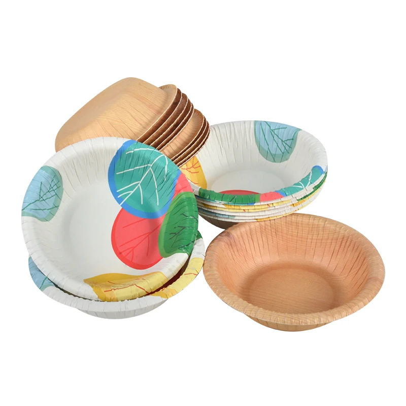 Eco Friendly Custom Food Container Packaging Wrinkled Wholesale BBQ Tableware Paper Salad Bowls Wood Grain Paper Bowl - Image 2