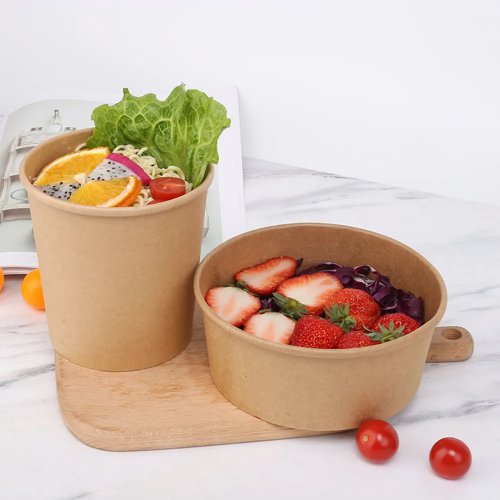 Disposable Eco Friendly Kraft Paper Salad Bowl with Lid Customizable Logo 1100ml Capacity Wholesale - Image 3