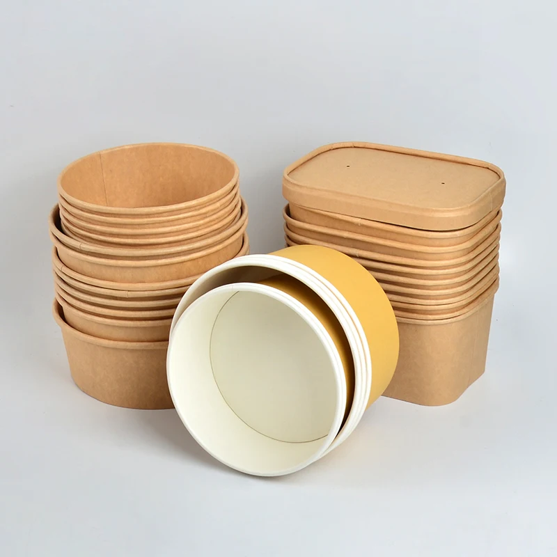 1300ml Eco-Friendly Customizable Brown Kraft Paper Disposable Salad Bowls with PP & Paper Lids