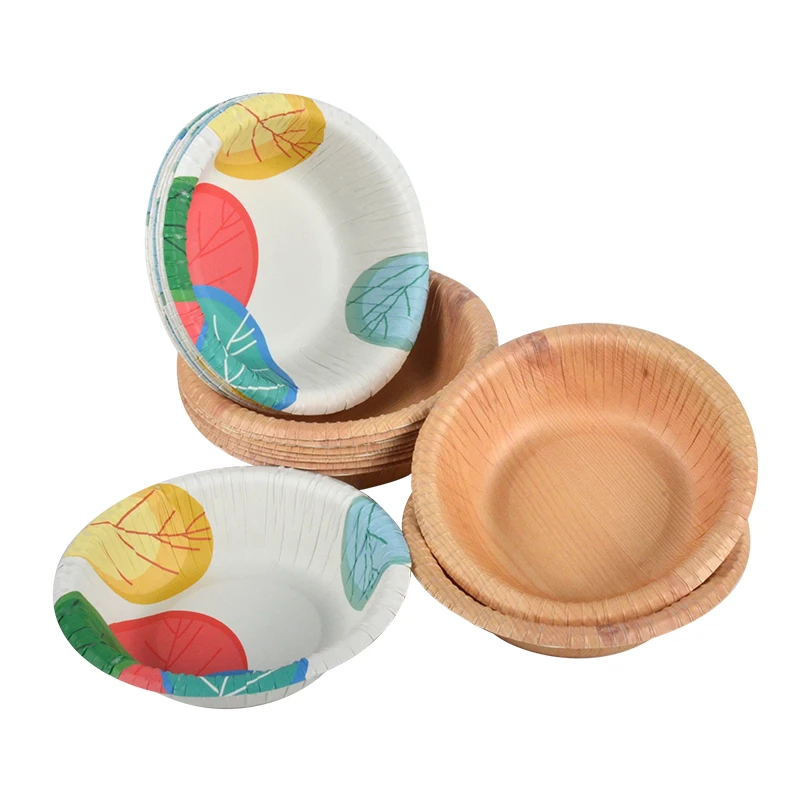 Eco Friendly Custom Food Container Packaging Wrinkled Wholesale BBQ Tableware Paper Salad Bowls Wood Grain Paper Bowl
