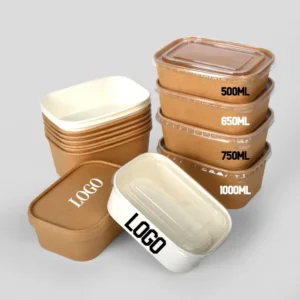 White Brown Takeout Square Rectangular Waterproof Oilproof Soup Disposable Kraft Paper Salad Bowl with Lid