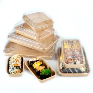 Disposable Pastry Dessert Tiramisu Cake Food Container Packaging Box Takeaway Sushi Catering Kraft Paper Box With Clear Plastic