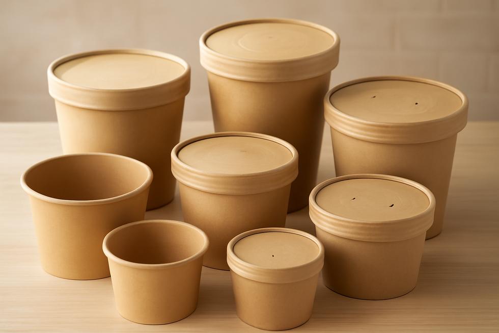 A colorful collection of paper buckets with lids used for food service.