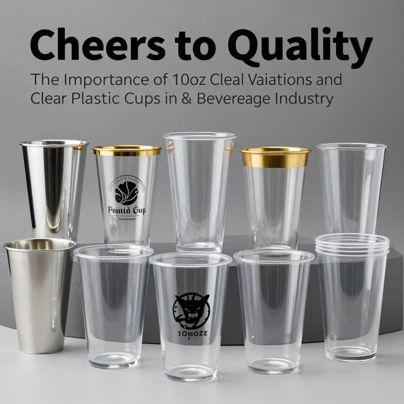 Core features of 10oz clear plastic cups highlighted with colorful drinks.