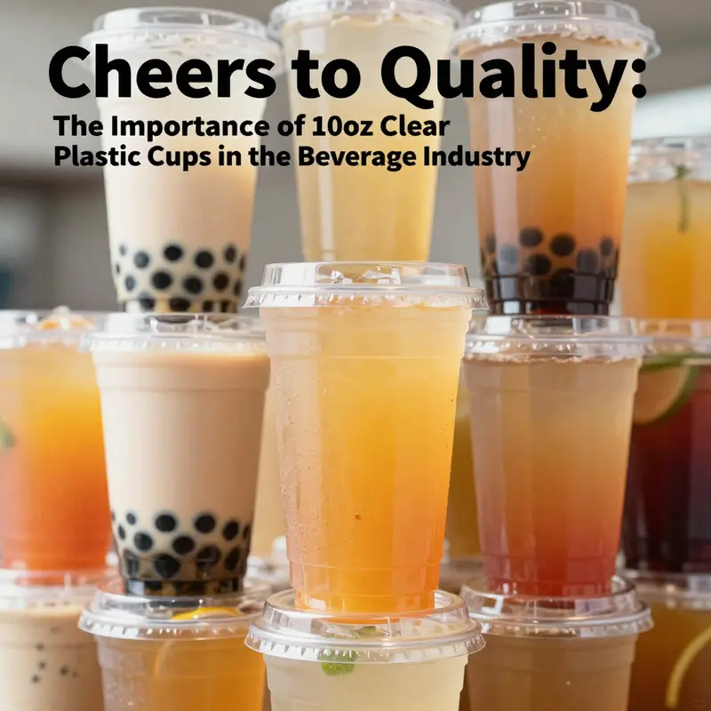 Core features of 10oz clear plastic cups highlighted with colorful drinks.