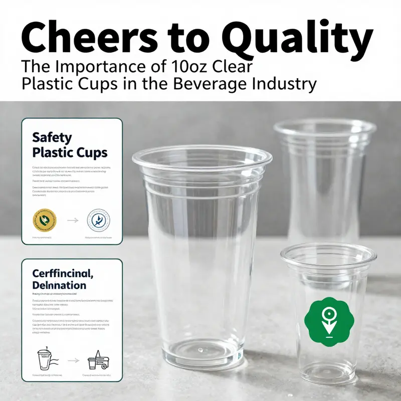 Core features of 10oz clear plastic cups highlighted with colorful drinks.