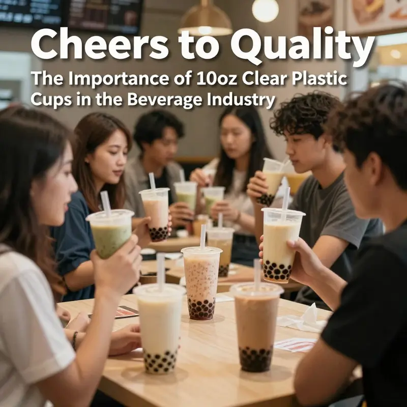 Core features of 10oz clear plastic cups highlighted with colorful drinks.