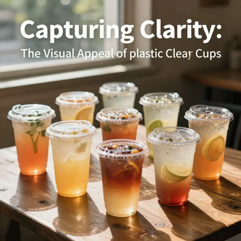 Diverse plastic clear cups showcasing vibrant drinks in a natural light setting.
