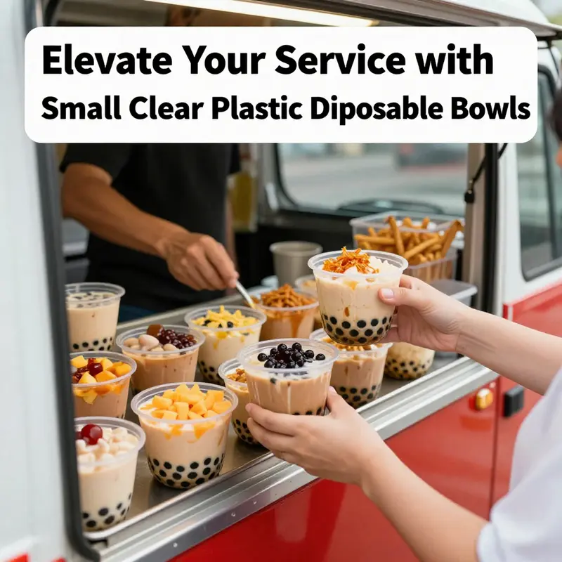 Small clear plastic disposable bowls displaying their clarity and design versatility with an array of food items.