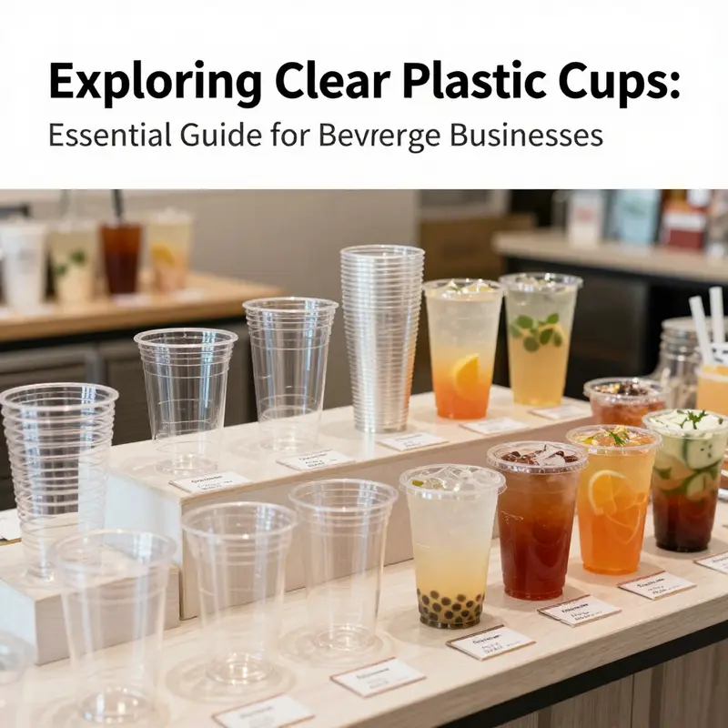 A display showing bulk options for clear plastic cups, highlighting their affordability for beverage businesses.