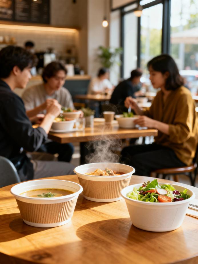 A busy café setting with customers enjoying meals served in microwave safe paper bowls, illustrating their modern usage.