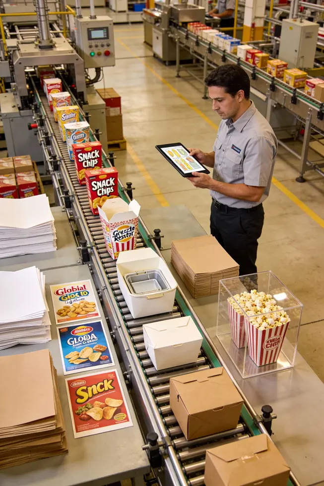 Diverse snack box formats and market players on a modern production line.
