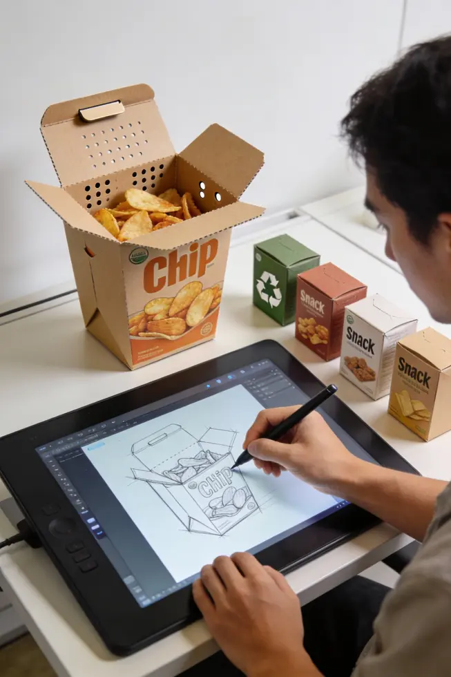 Diverse snack box formats and market players on a modern production line.