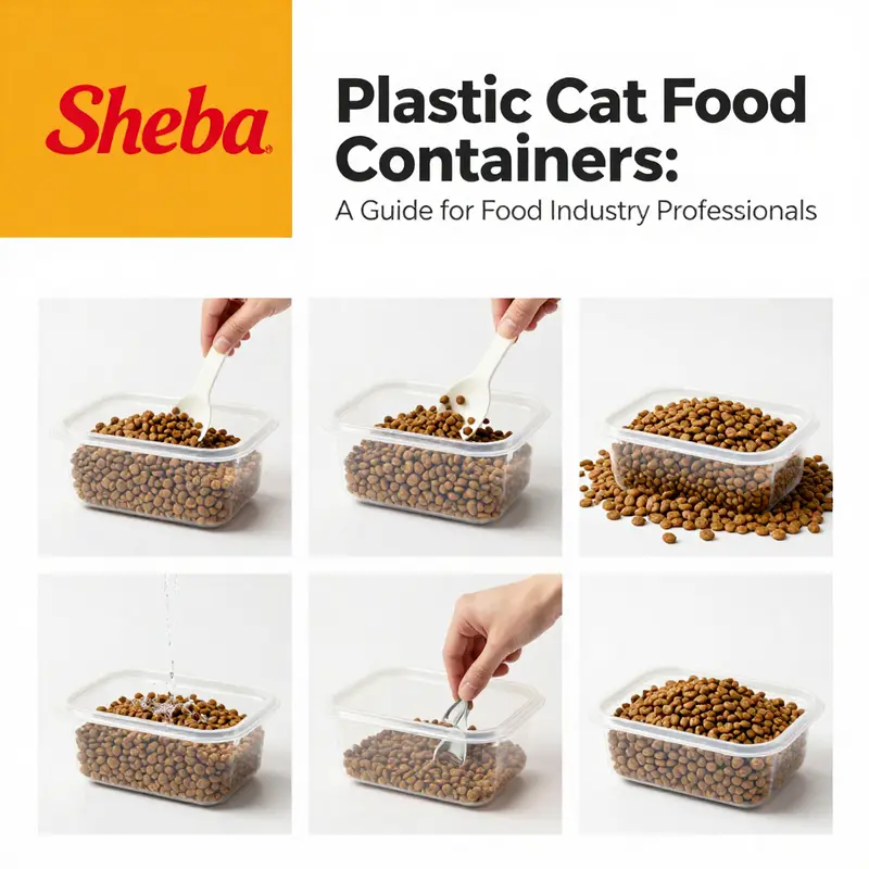 A Sheba plastic cat food container highlighting the important recycling symbols for identification.