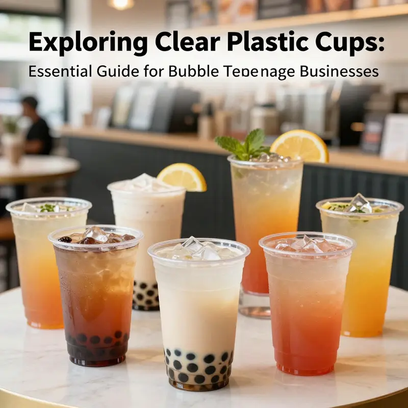 Clear plastic cups filled with colorful drinks on display in a lively café ambiance.