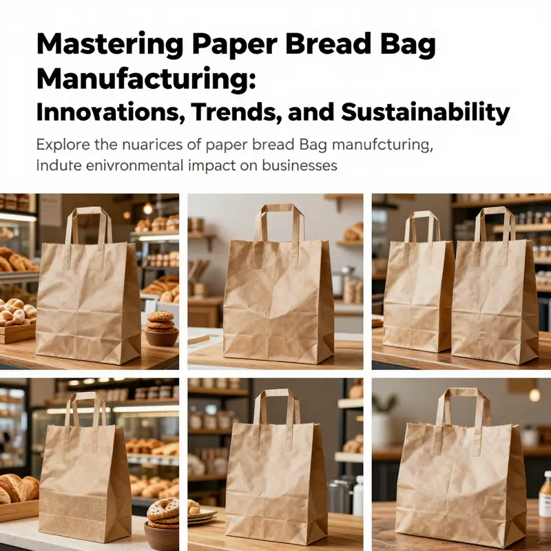 A collage depicting various designs and applications of paper bread bags in bakeries and retail environments.