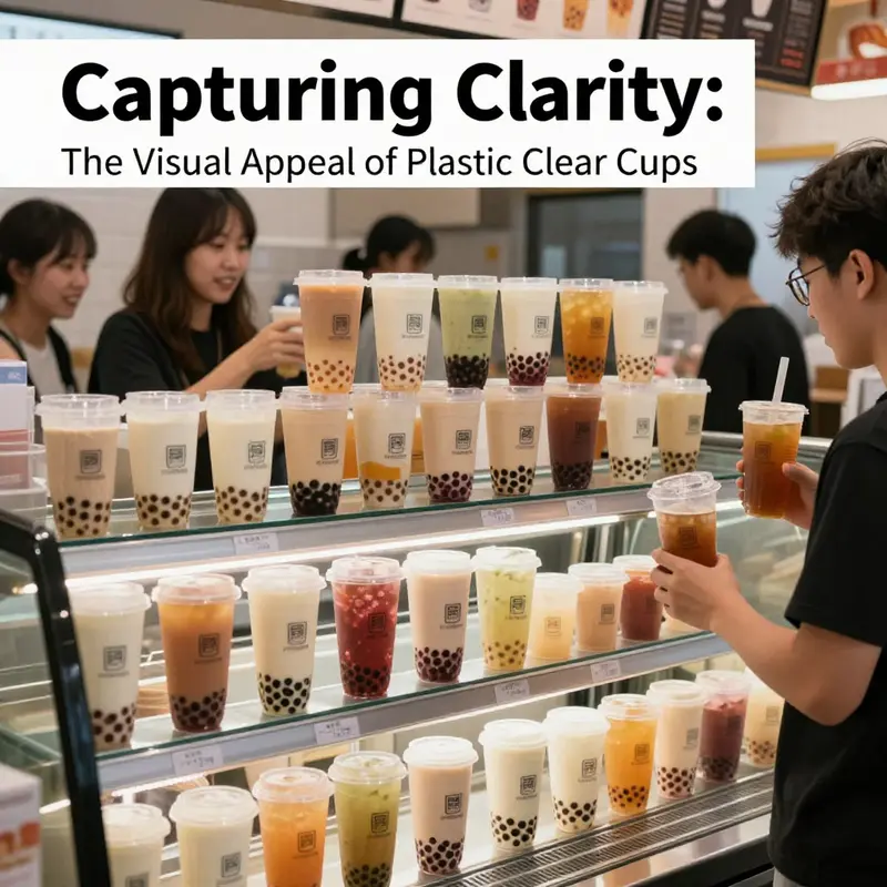 Diverse plastic clear cups showcasing vibrant drinks in a natural light setting.