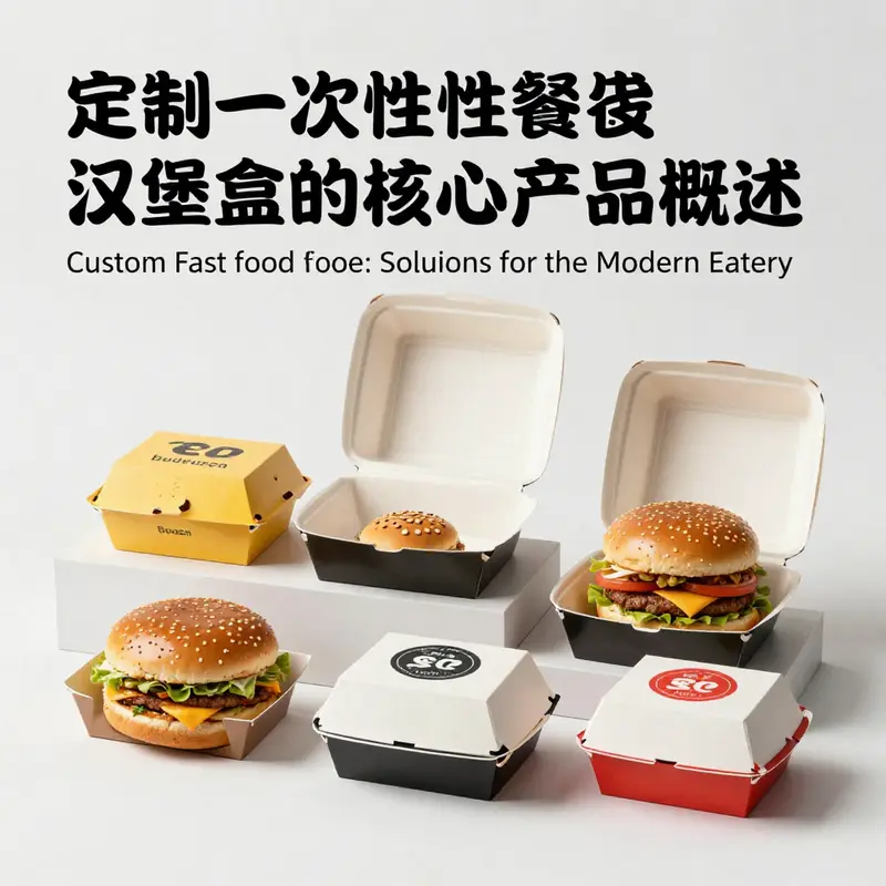 A selection of core custom burger packaging products illustrating the diversity and appeal of disposable options.