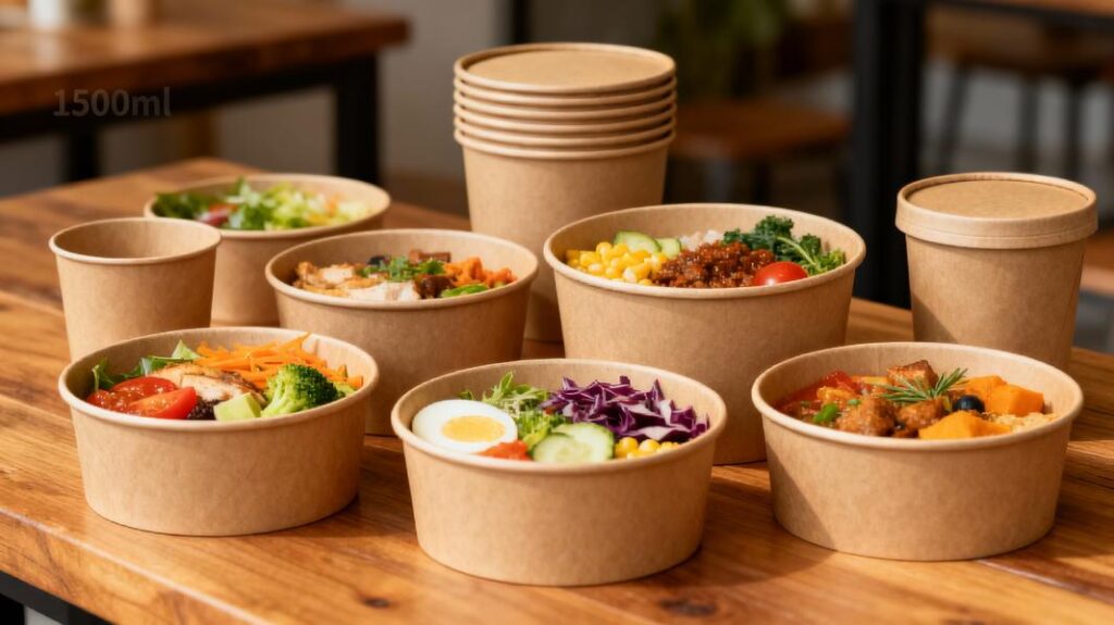 An array of 1500ml kraft paper bowls showcasing different meals on a wooden table, illustrating their design and eco-friendly nature.