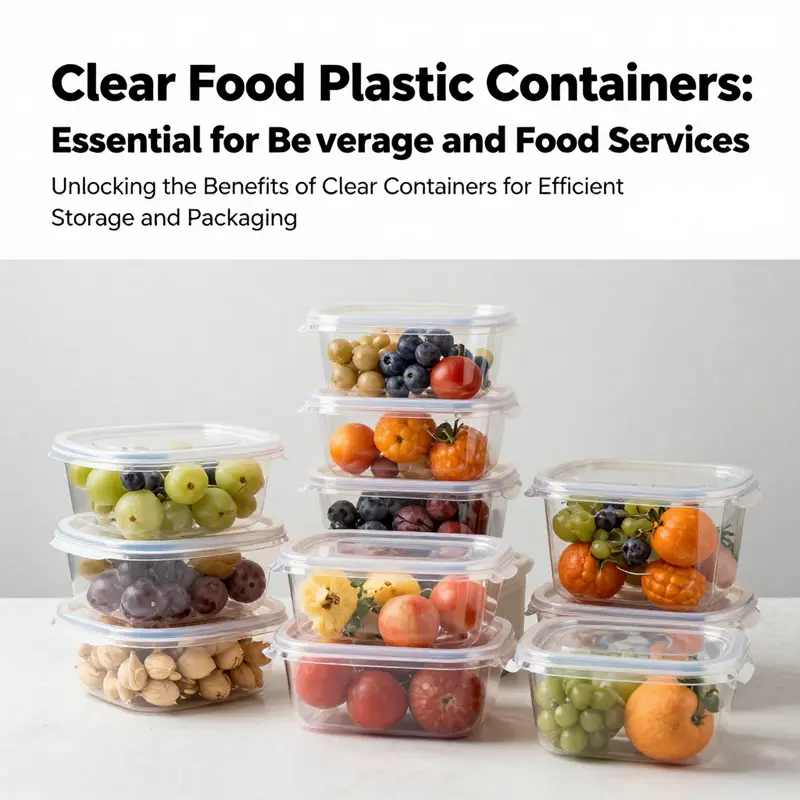 A variety of clear food plastic containers filled with colorful food items, elegantly arranged on a neutral background.