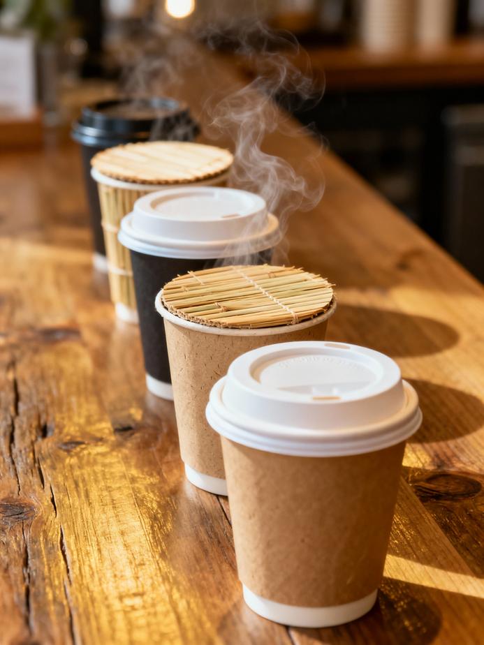 An assortment of coffee cup lids made from different materials displayed on a wooden table.