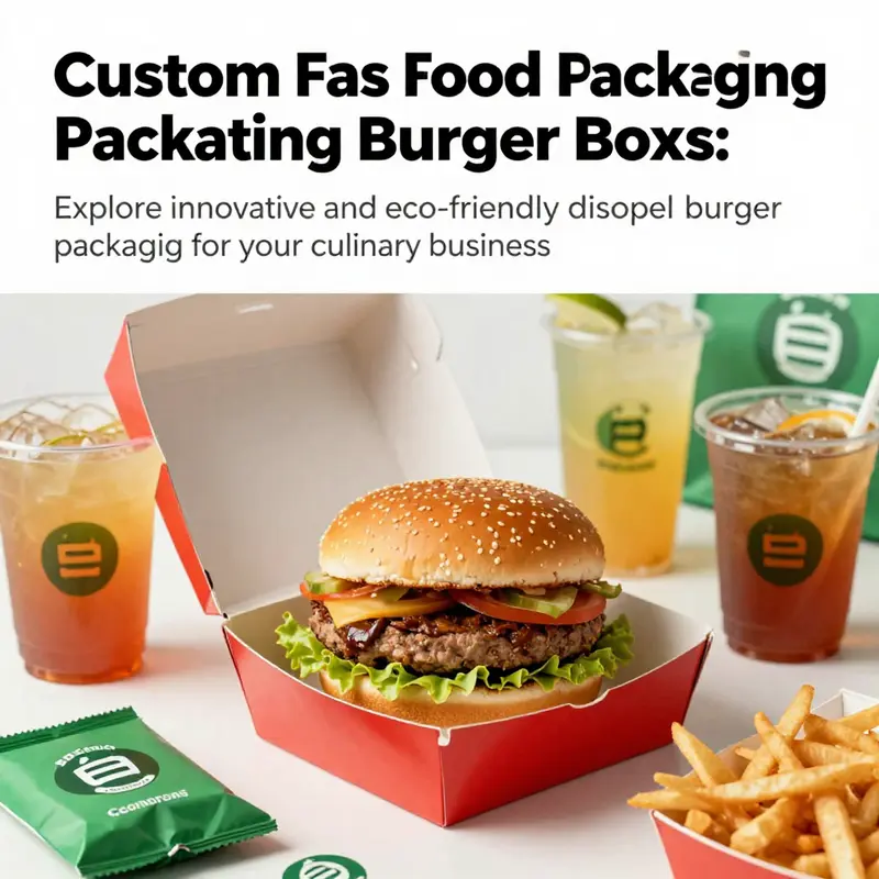 An appetizing view of a custom burger box filled with food, accompanied by branded beverage packaging and colorful decor.