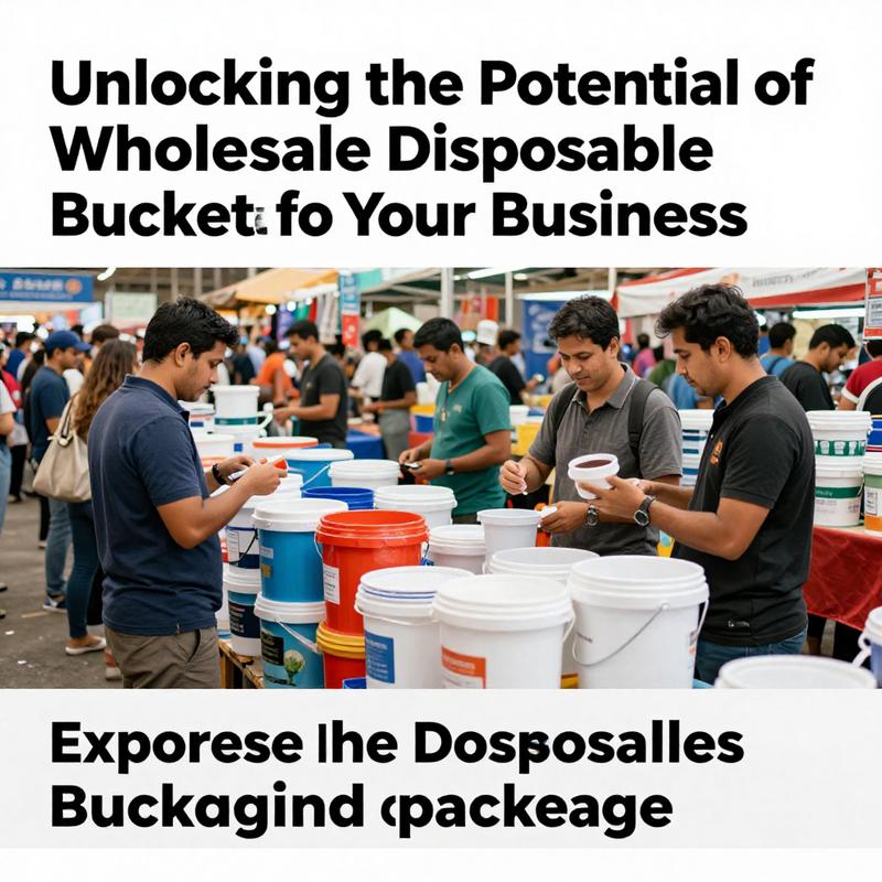 A lively market scene showcasing the trade of wholesale disposable buckets, with suppliers and business owners negotiating deals.
