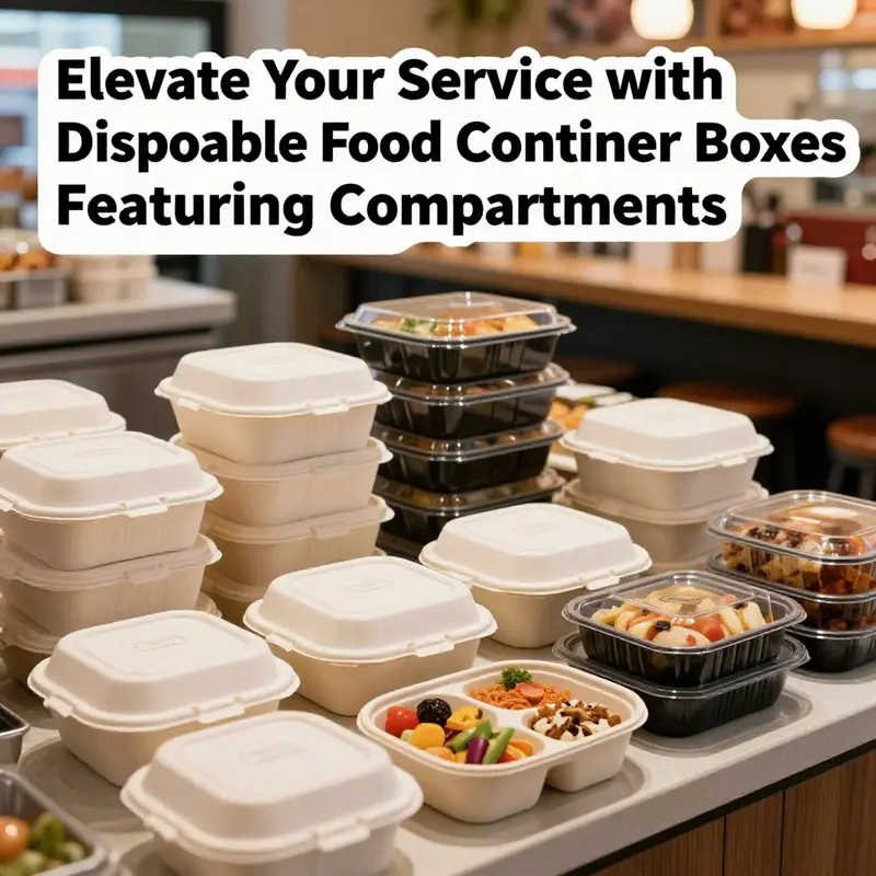 A colorful array of compartmentalized disposable food containers set up on a countertop, demonstrating their use in a restaurant.