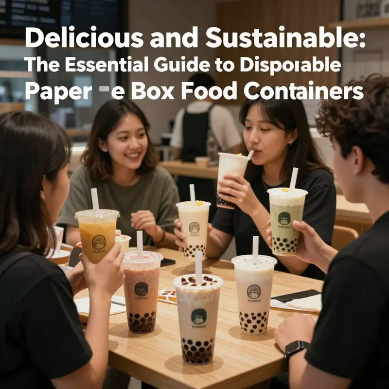 A vibrant bubble tea shop interior with happy customers enjoying drinks served in disposable paper boxes.