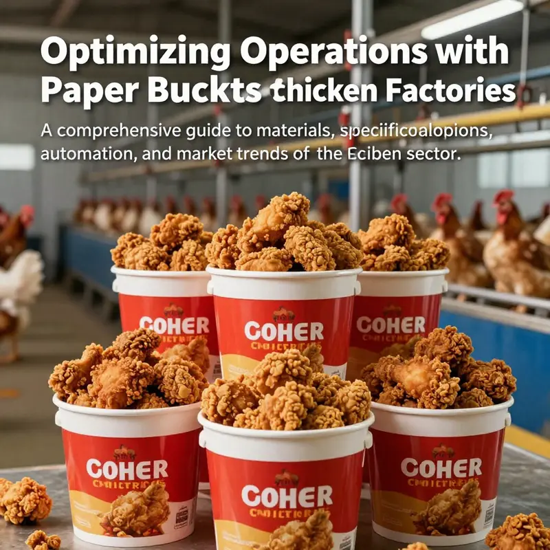 A collection of branded paper buckets filled with fried chicken, demonstrating quality packaging in a chicken factory.